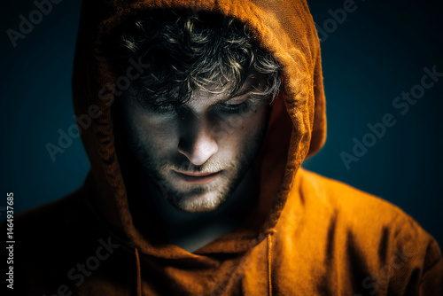 Close-up of young man's face, partially obscured by orange hoodie, conveying introspection and contemplation, suitable for themes of solitude or mystery
