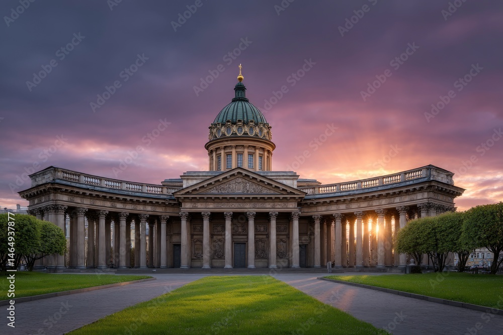 Naklejka premium Classical Cathedral at Sunset: Majestic Architecture in Serene Twilight