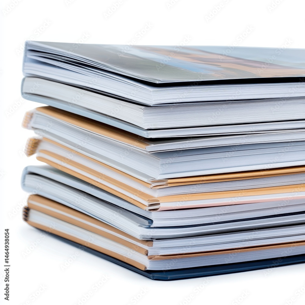 Stack of neatly arranged books with diverse covers showcasing various textures and colors isolated on a bright white background Stack of neatly arranged books with diverse covers showcasing various textures and colors isolated on a bright white background
