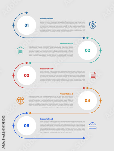 5 stage infographic diagram with open box line container with circle badge and vertical line connection zig zag with 5 step for slide presentation
