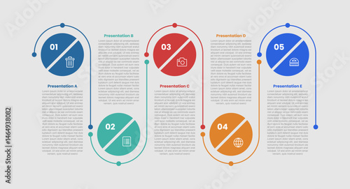 5 stage infographic diagram with big circle slice with line connection journey up and down with 5 step for slide presentation