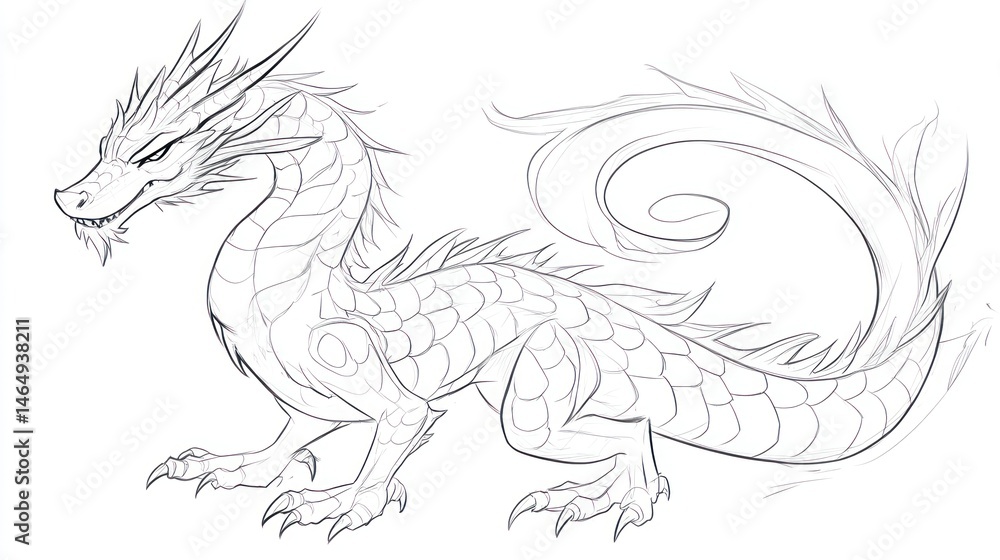 Obraz premium Dragon Sketch, Side View, Digital Art