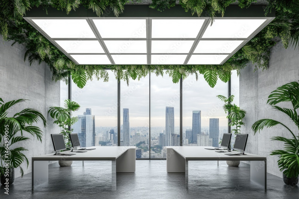 Fototapeta premium Modern office space with a city view and abundant greenery. A minimalist design with concrete walls, white desks, and a large window offering a view of a bustling metropolis.