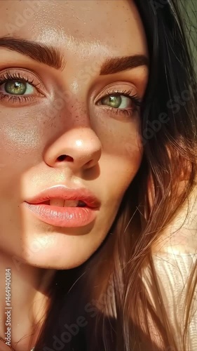 Wallpaper Mural A close-up video of woman with long, wavy hair, illuminated by warm sunlight. The camera focuses on her face and hair,capturing the glow of natural light against dark background for striking contrast. Torontodigital.ca