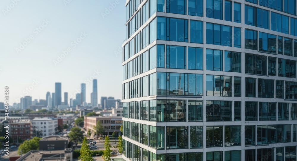 Tall glass building with city skyline visible in the background on a sunny day. Tall glass building with city skyline visible in the background on a sunny day.