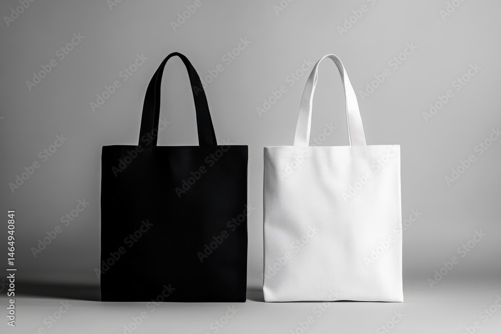 Two tote bags one in black and one in white against a neutral backdrop tone Two tote bags one in black and one in white against a neutral backdrop tone