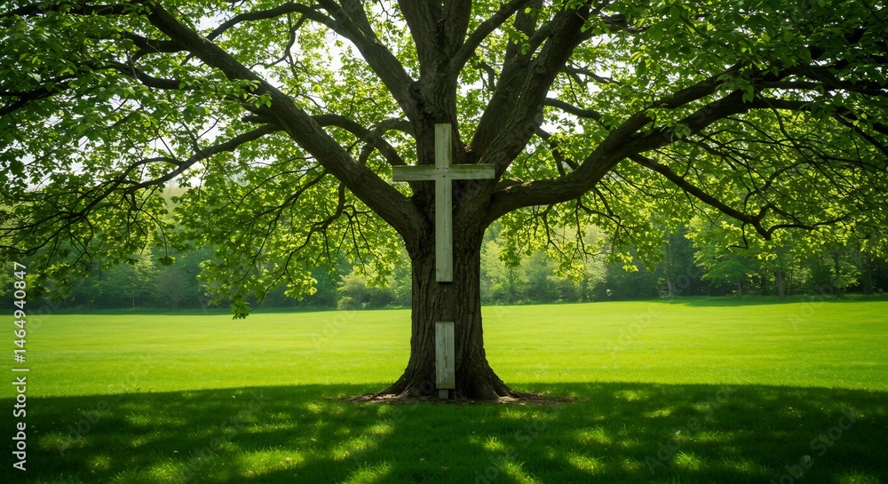 Fototapeta premium White Cross on a Lush Green Tree in a Sunny Field