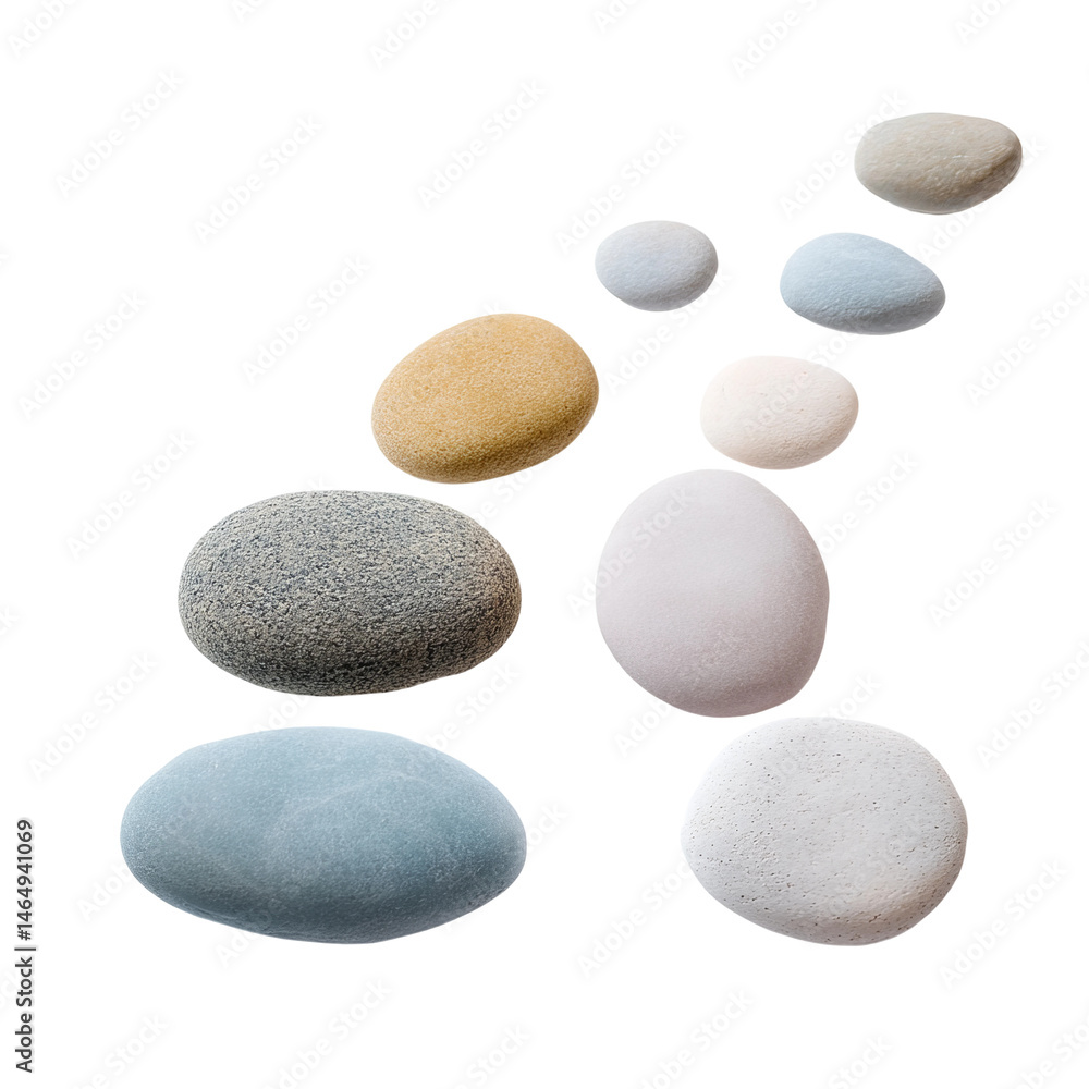 Smooth, colorful stones arranged in a visually appealing sequence. These elements evoke a sense of tranquility and balance Smooth, colorful stones arranged in a visually appealing sequence. These elements evoke a sense of tranquility and balance