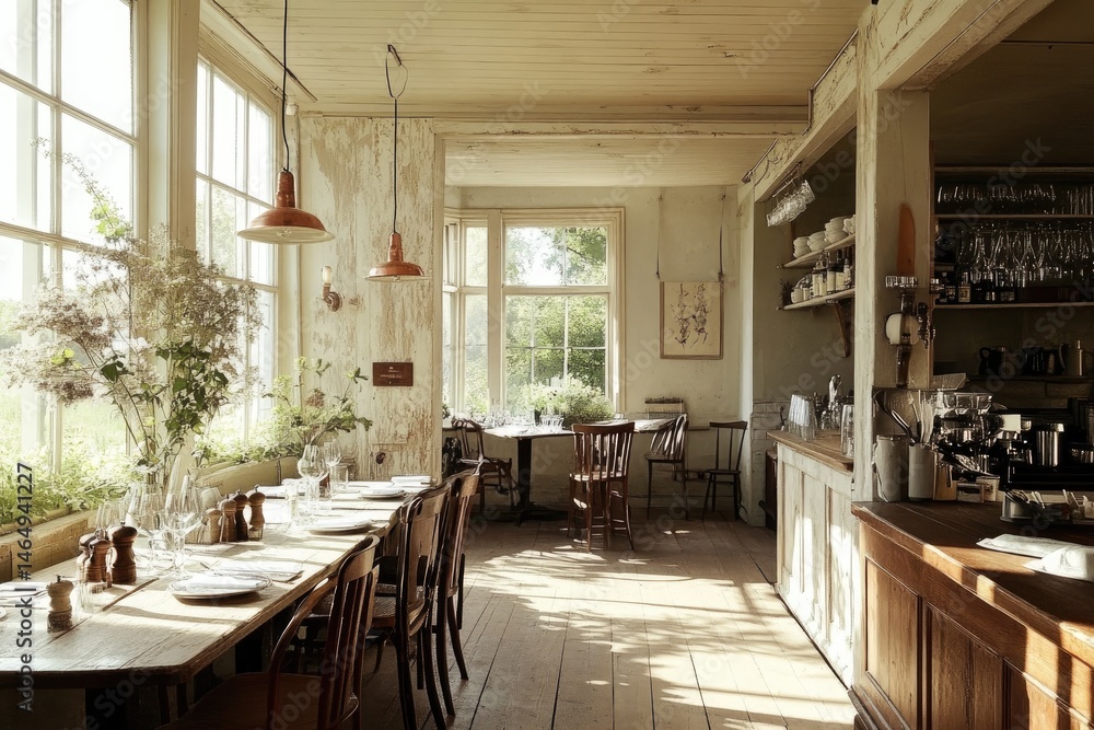 Obraz premium Rustic cafe interior with large windows, wooden tables, and chairs, bright sunlight. Floral arrangements, vintage-style lighting, and a warm atmosphere
