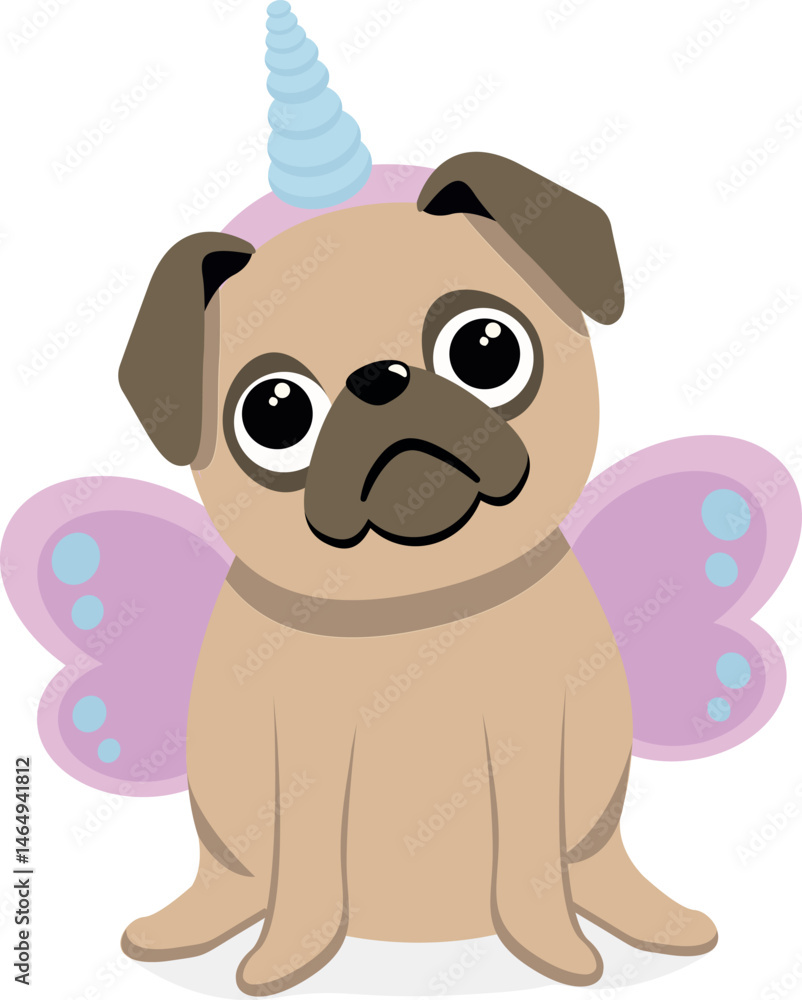 Fototapeta premium Cartoon Pug Dog with Unicorn Horn and Wings. Kawaii pug vector illustration