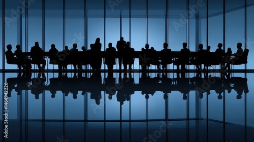 Silhouette of numerous people seated at a large conference table.