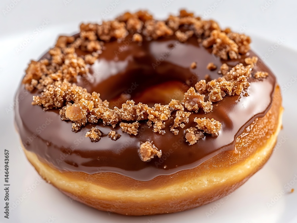 Frosted Donut with Chocolate Glaze and Caramel Crumbles on a White Plate Frosted Donut with Chocolate Glaze and Caramel Crumbles on a White Plate