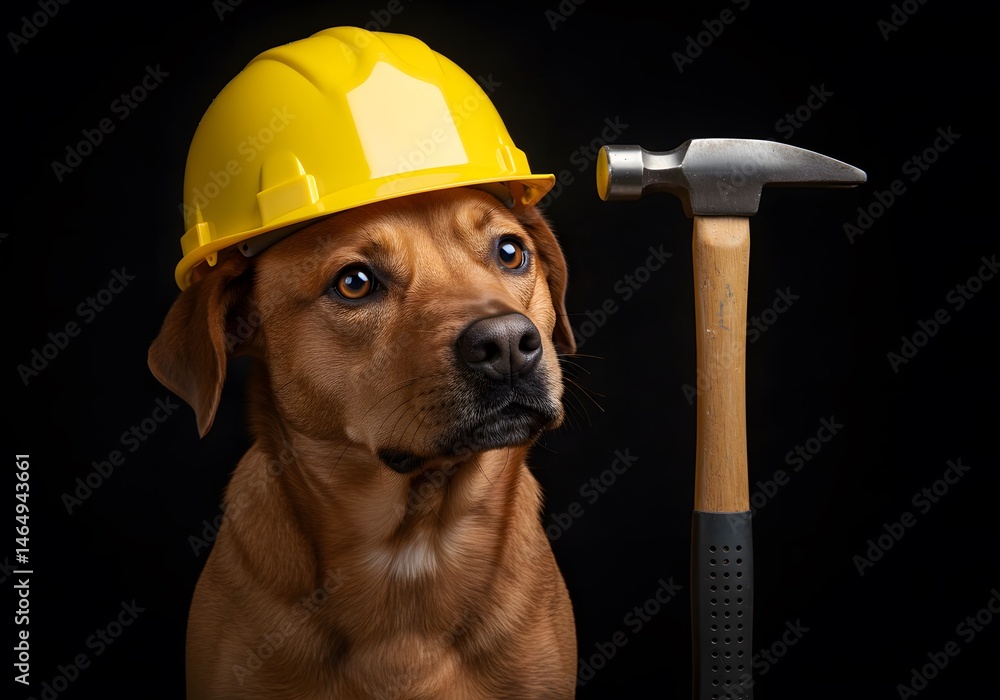 Dog Wearing Hard Hat with Hammer, Ready for Construction