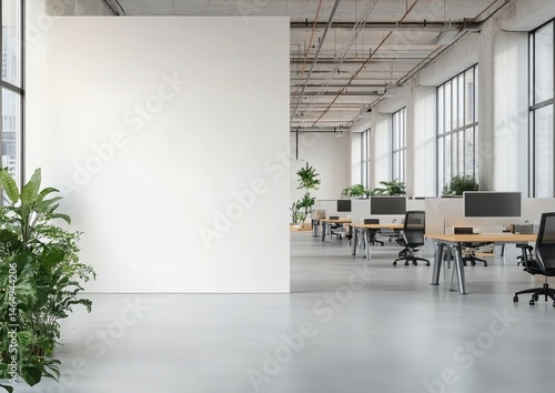 Fototapeta Naklejka Na Ścianę i Meble -  3D rendering of modern office with large windows, blank wall for artwork display, and minimalist furniture in open layout
