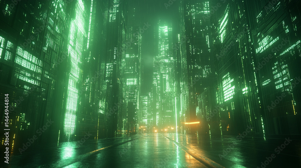 Naklejka premium Digital cyberspace with glowing cross lines in a futuristic 3D rendering. Symbolizes data flow, connectivity, and advanced technology in a high-energy, vertical tech-inspired virtual environment.