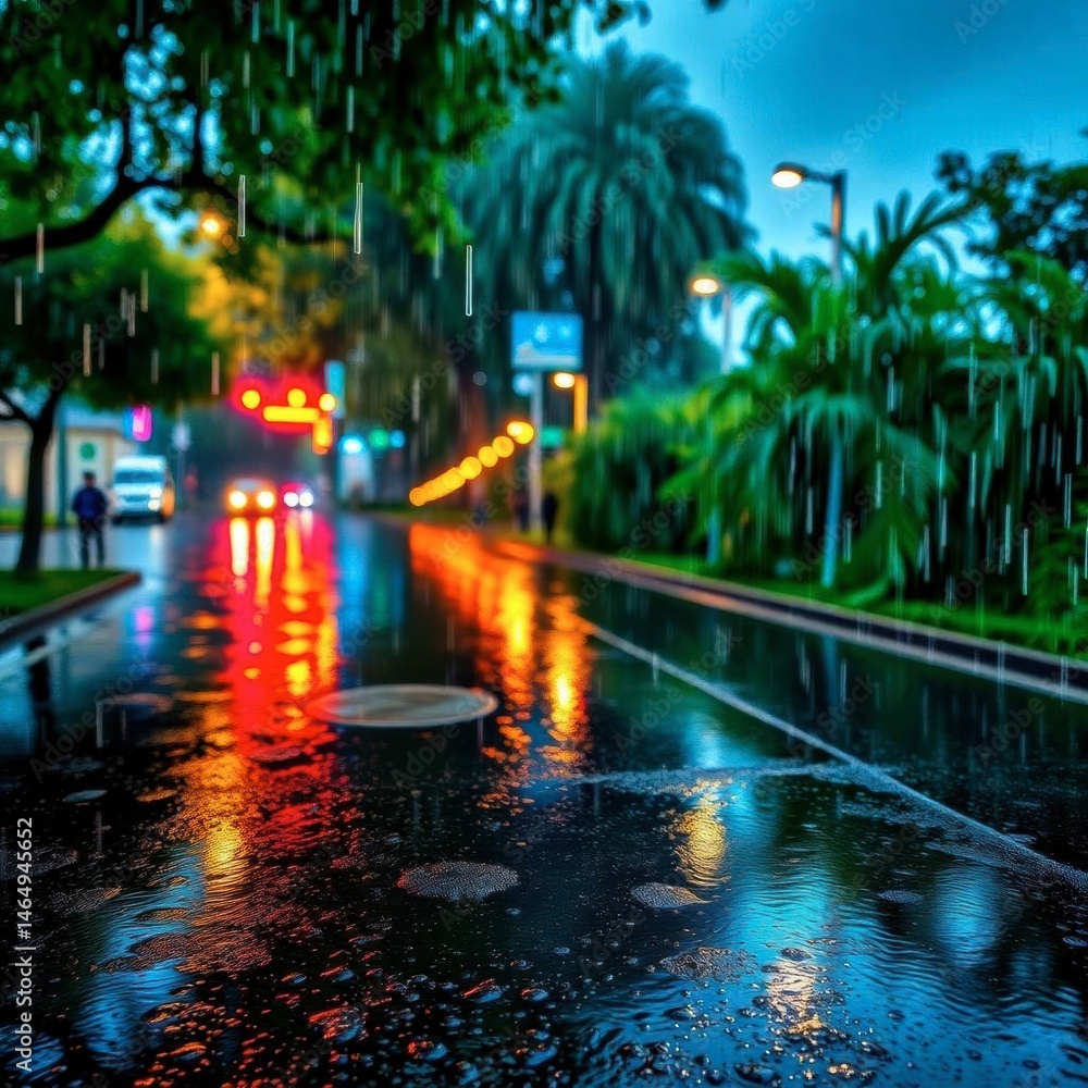 Rainy Night Cityscape: Blurry Lights Reflecting on Wet Pavement Rainy Night Cityscape: Blurry Lights Reflecting on Wet Pavement