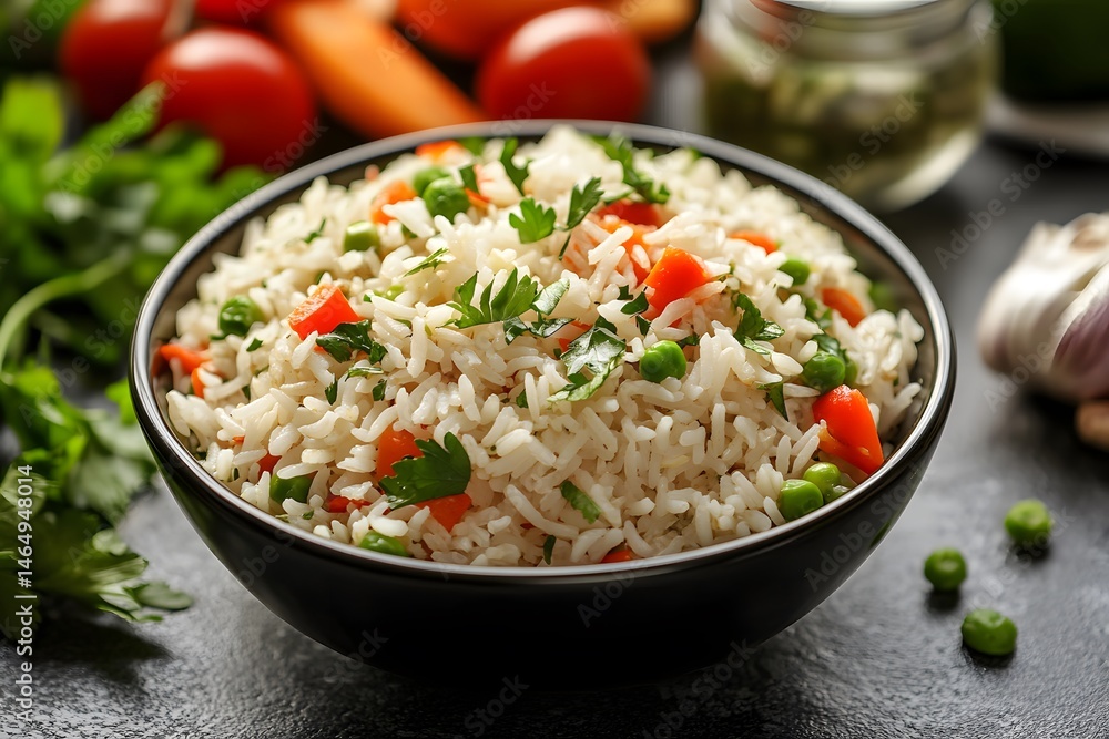 Close-up of vegetable fried rice with bell peppers, peas, and sesame seeds in a black bowl Close-up of vegetable fried rice with bell peppers, peas, and sesame seeds in a black bowl