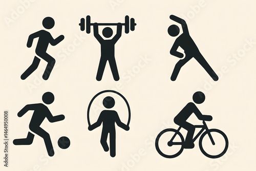 Activity Icon Set: Dynamic silhouettes illustrate various activities, conveying a sense of movement, energy, and the pursuit of wellness, fitness, and an active way of life.