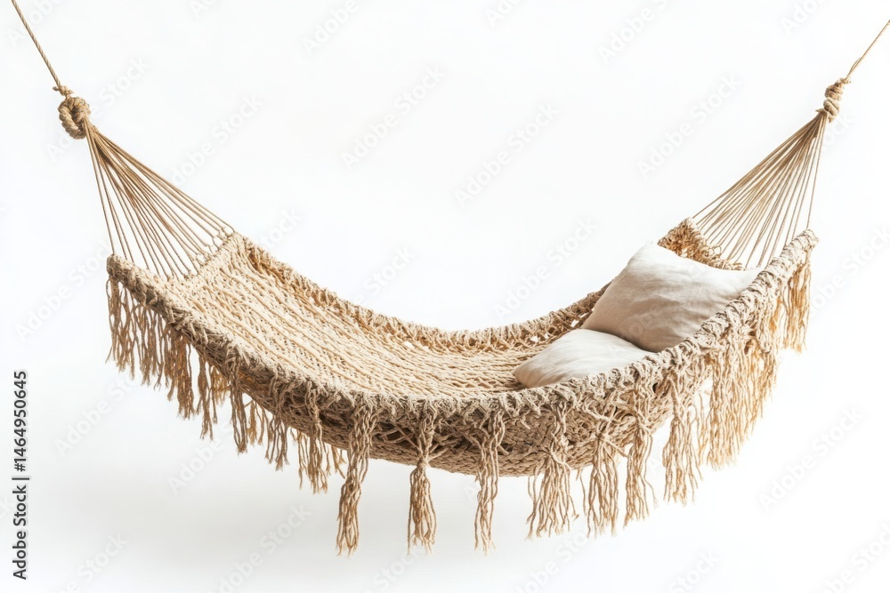Obraz premium Beige woven hammock with tassels and a white pillow on a white background