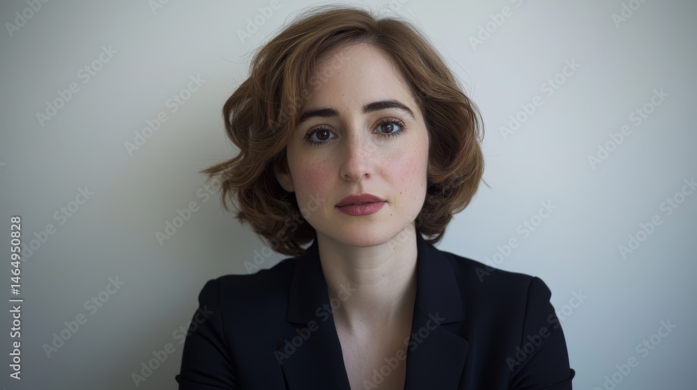 Portrait of a Young Woman with Curly Hair in a Business Attire Against a Neutral Background Portrait of a Young Woman with Curly Hair in a Business Attire Against a Neutral Background