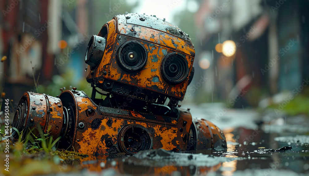 Extreme close-up of an old rusty broken robot abandoned on a rain soaked street. Generative Ai. Extreme close-up of an old rusty broken robot abandoned on a rain soaked street. Generative Ai.