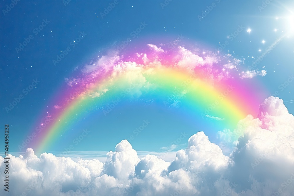 Radiant rainbow arching over fluffy clouds Radiant rainbow arching over fluffy clouds
