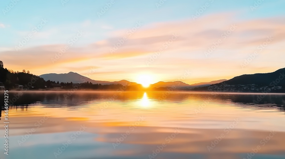 Serene Sunrise Over Still Lake and Mountain Range Golden Hour Light Reflecting on Calm Water Misty Atmosphere Serene Sunrise Over Still Lake and Mountain Range Golden Hour Light Reflecting on Calm Water Misty Atmosphere