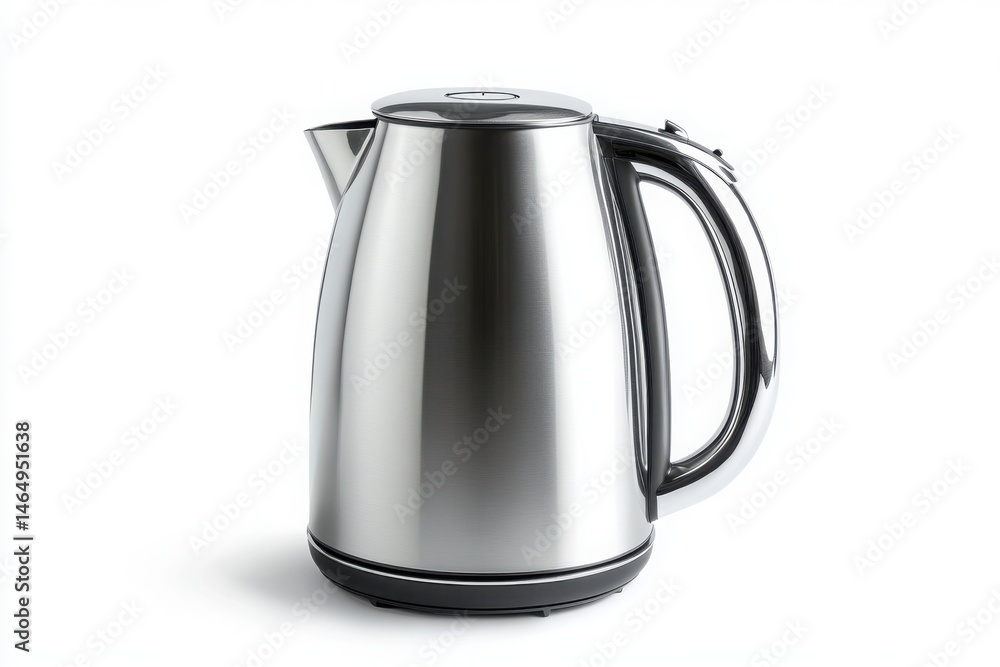A stainless steel electric kettle with a black base on a white background A stainless steel electric kettle with a black base on a white background