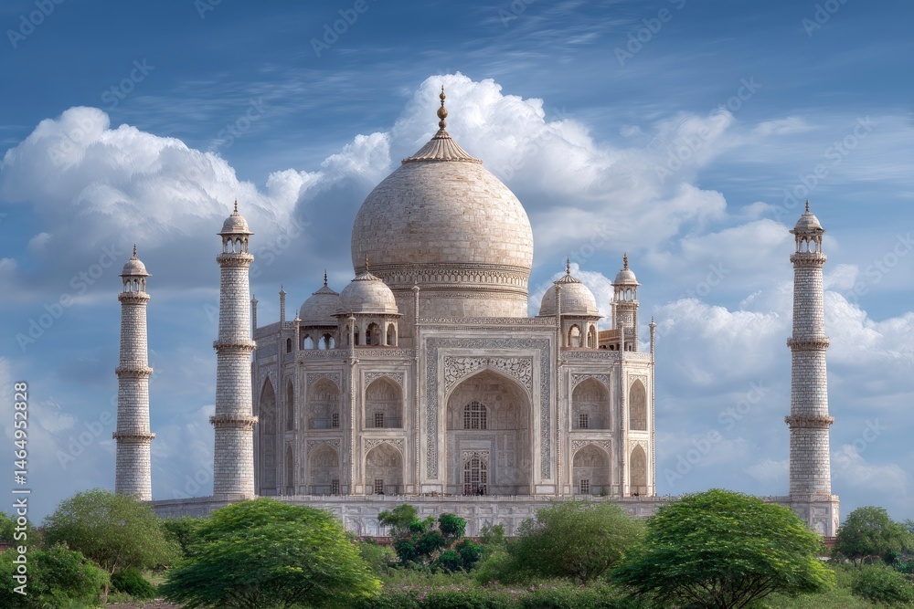 Obraz premium Taj Mahal: Majestic Marble Mausoleum under a Serene Sky