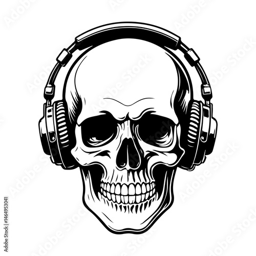 Illustration of skull with headphones. Music skull. Design element for logo, label, design. Vector illustration