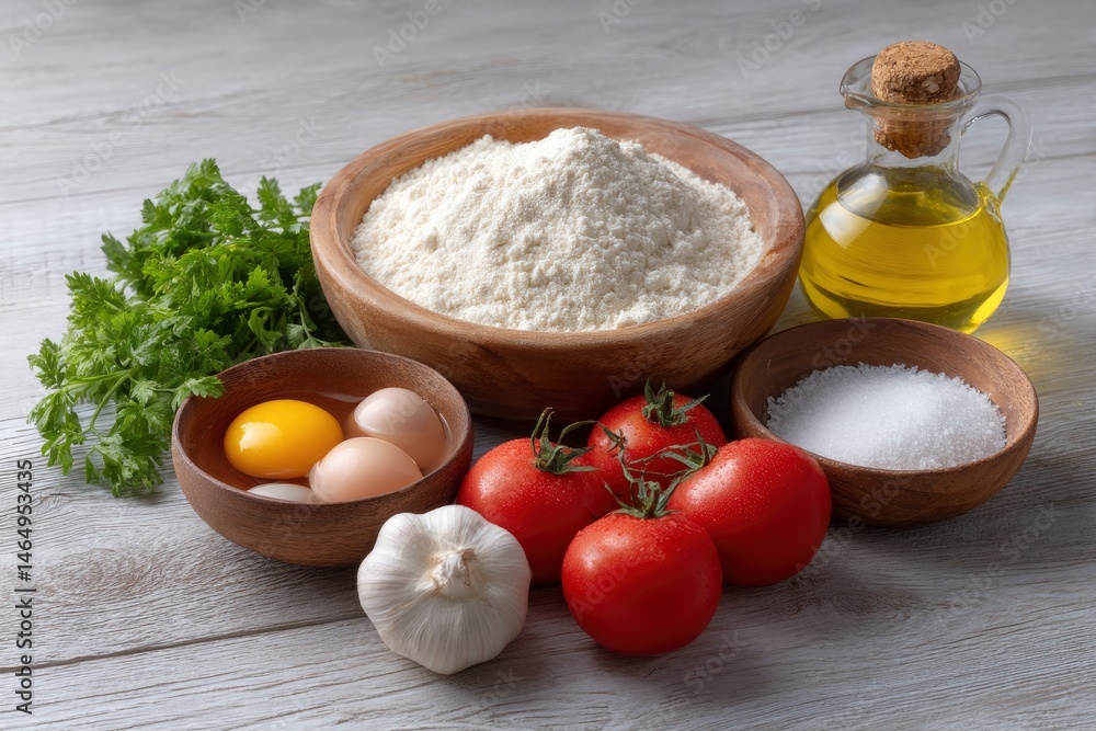 Fototapeta premium Rustic Baking Ingredients: Flour, Eggs, Tomatoes, and Herbs