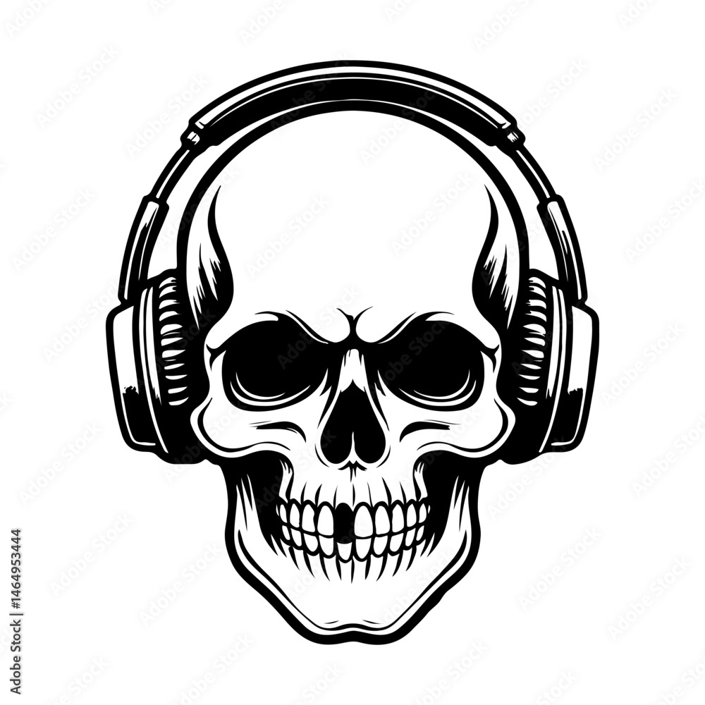 Illustration of skull with headphones. Music skull. Design element for logo, label, design. Vector illustration Illustration of skull with headphones. Music skull. Design element for logo, label, design. Vector illustration