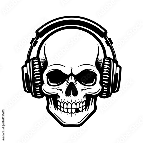 Illustration of skull with headphones. Music skull. Design element for logo, label, design. Vector illustration