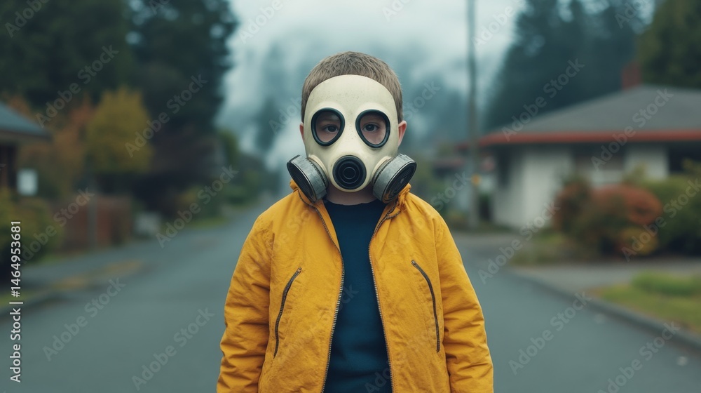 Child in gas mask abandoned street dramatic scene urban environment eye-level view survival concept Child in gas mask abandoned street dramatic scene urban environment eye-level view survival concept