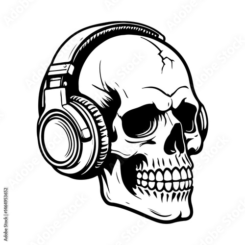 Illustration of skull with headphones. Music skull. Design element for logo, label, design. Vector illustration