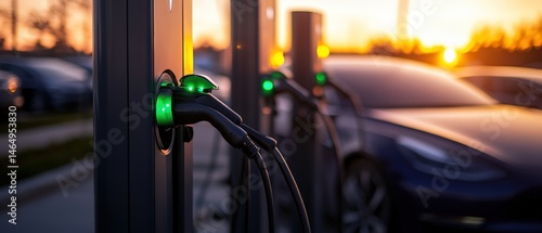 Electric vehicle charging station with multiple charging points in a modern parking lot du sunset with cars plugged in for charging