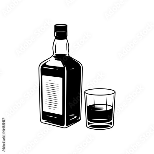 Illustration of bottle of whiskey and glass. Design element for logo, label, design. Vector illustration