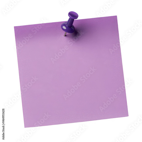 A square lavender sticky note attached with a purple push pin on a black background in a studio shot