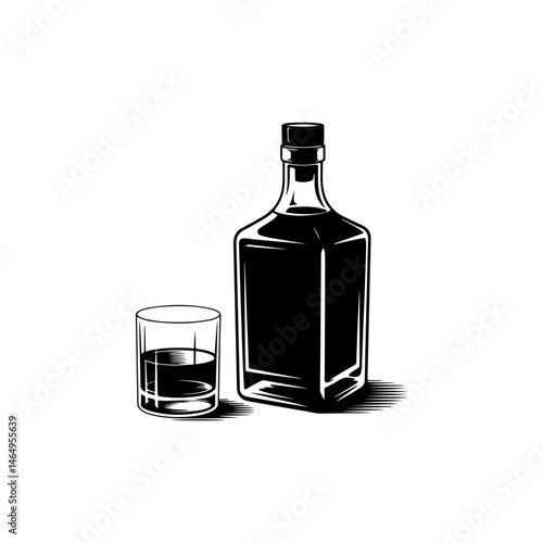 Illustration of bottle of whiskey and glass. Design element for logo, label, design. Vector illustration