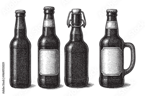 beer bottle set woodcut engraving vector illustration