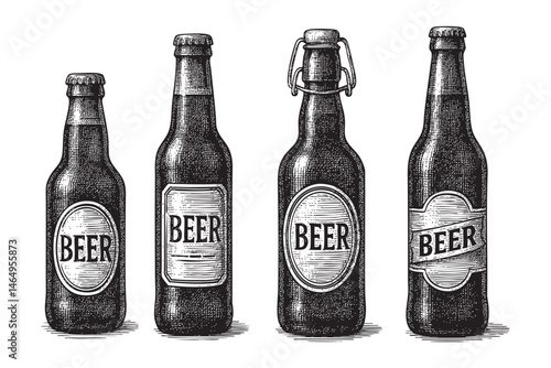 beer bottle set woodcut engraving vector illustration