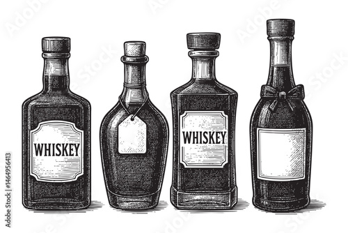 whiskey bottle set woodcut engraving vector illustration