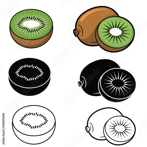 Kiwi Fruit Vector Illustration silhouettes, coloring page, outline with Slice – Color Line Drawing, kiwi fruit whole, piece and brunch, Fresh and juicy kiwi fruit set