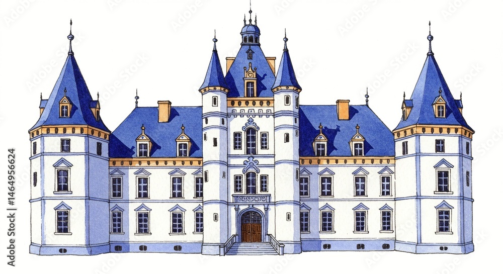 Obraz premium Watercolor illustration of a stately castle with blue roofs and white walls, reminiscent of a classic fairytale architectural design.
