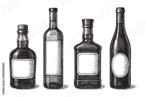 gin bottle set woodcut engraving vector illustration