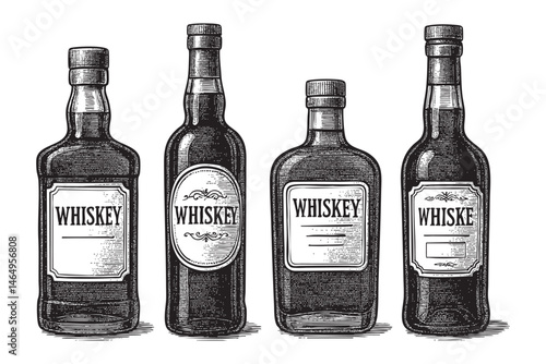 whiskey bottle set woodcut engraving vector illustration