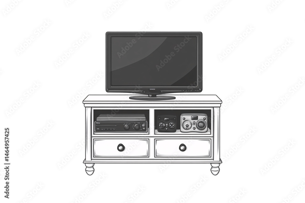 Fototapeta premium White TV stand with a flat-screen, stereo system, retro game controllers, and two pull-out drawers, isolated on a transparent background