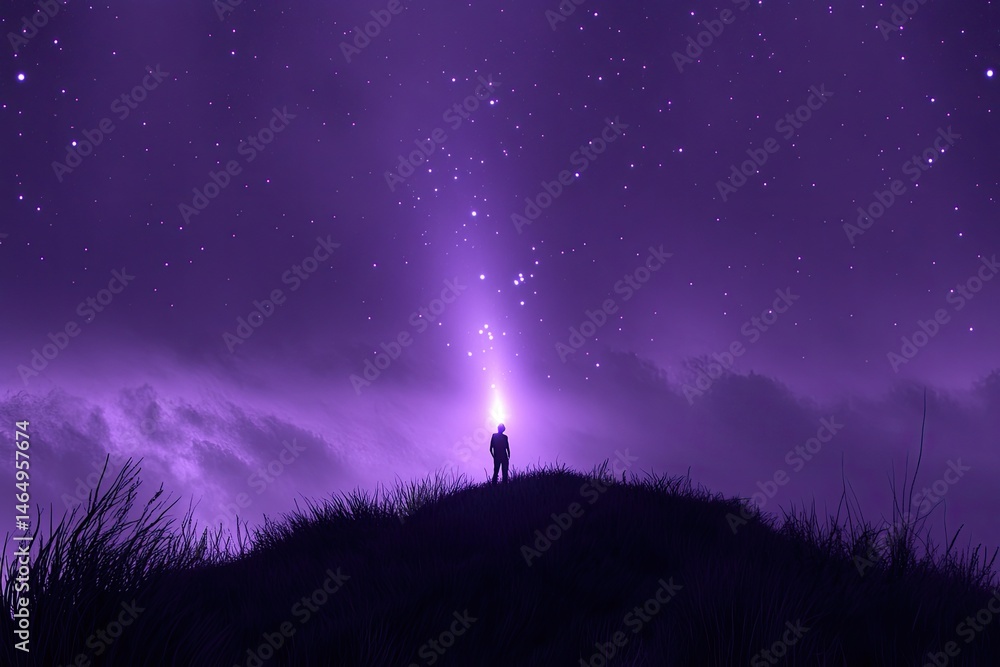 Solitary figure bathed in ethereal purple light, atop a hill under a starry night sky Solitary figure bathed in ethereal purple light, atop a hill under a starry night sky