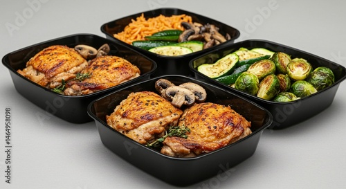 Wallpaper Mural Four containers hold chicken thighs, rice, zucchini, mushrooms, and brussel sprouts displayed against a light grey background. Torontodigital.ca