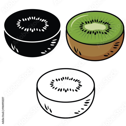 Kiwi Fruit Vector Illustration silhouettes, coloring page, outline with Slice – Color Line Drawing, kiwi fruit whole, piece and brunch, Fresh and juicy kiwi fruit set